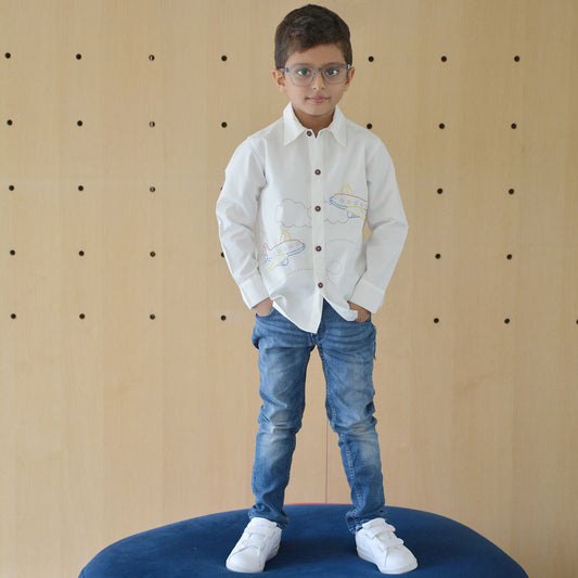 Aeroplane Embroidered Shirt - White