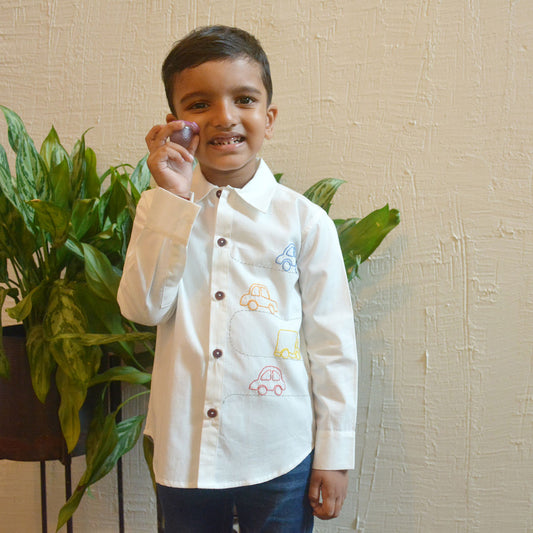Cars on Road Embroidered Shirt - White