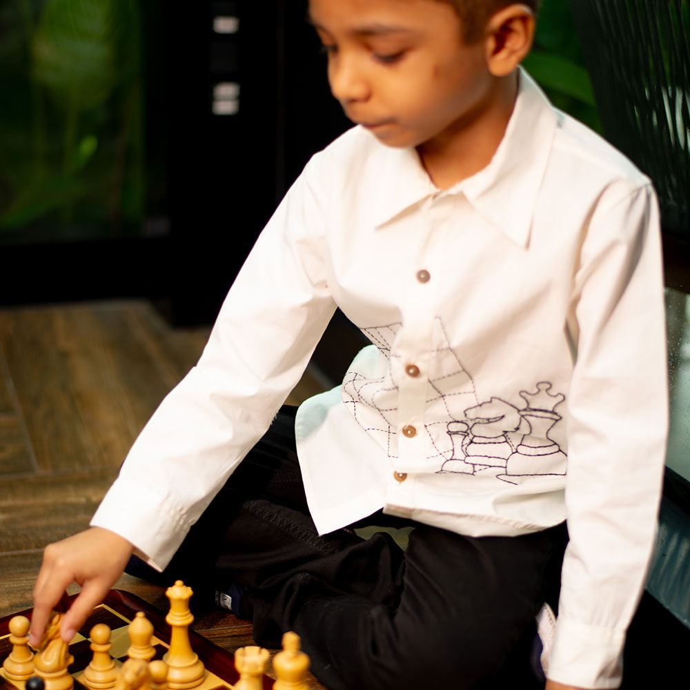 Chess Checkmate Embroidered Organic Cotton Shirt - White