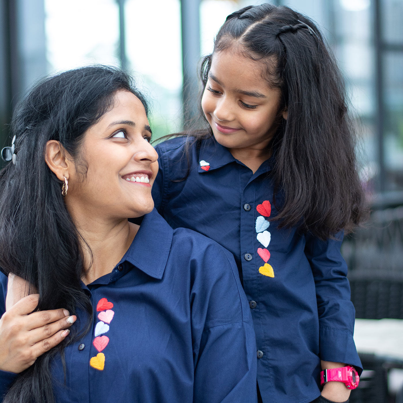 Haphazard Hearts Embroidered Organic Cotton Women Shirt - Navy