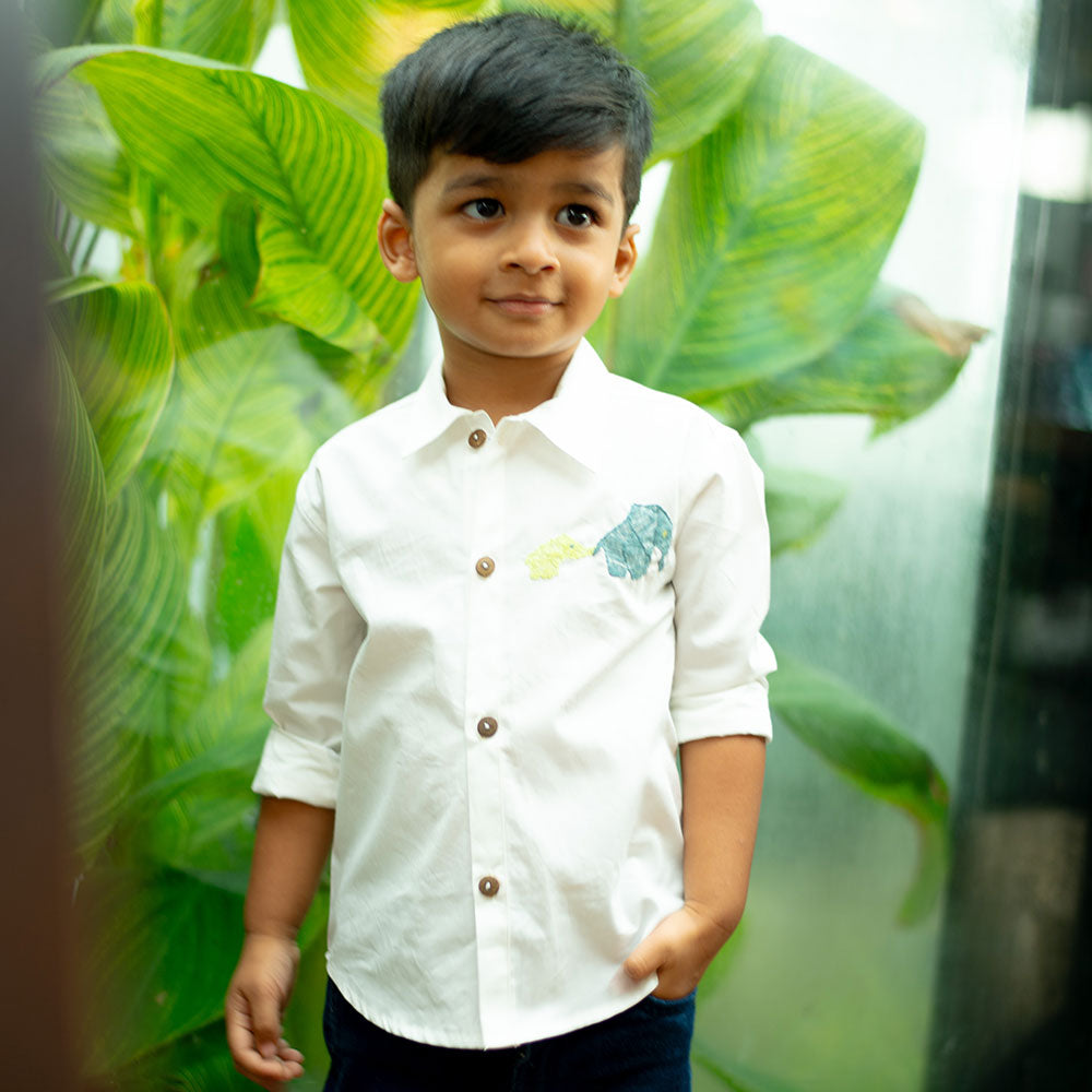 Mini Elephants Embroidered Organic Cotton Shirt - White