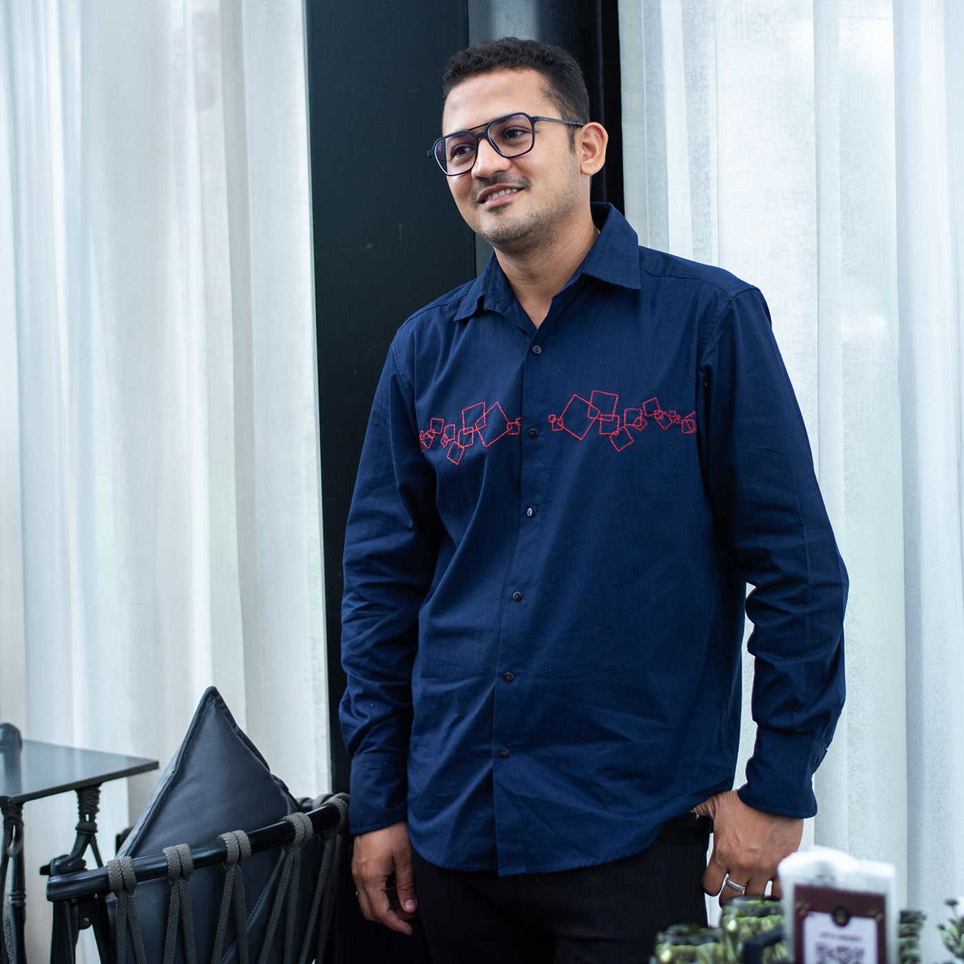 Abstract Squares Embroidered Men Shirt - Navy