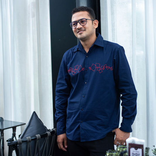 Abstract Squares Embroidered Men Shirt - Navy