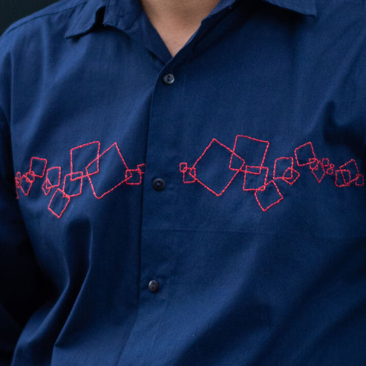 Abstract Squares Embroidered Men Shirt - Navy