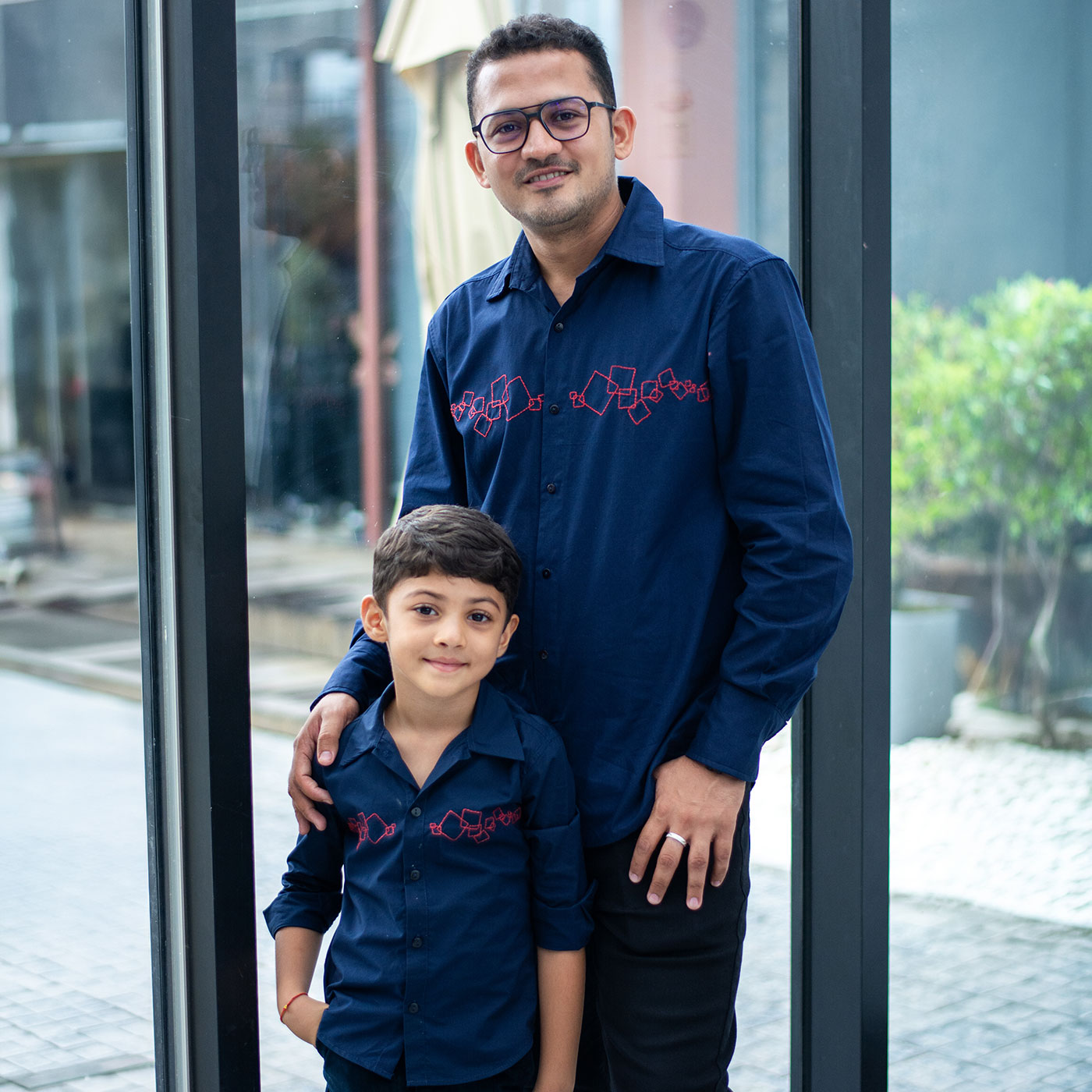 Abstract Squares Embroidered Men Shirt - Navy