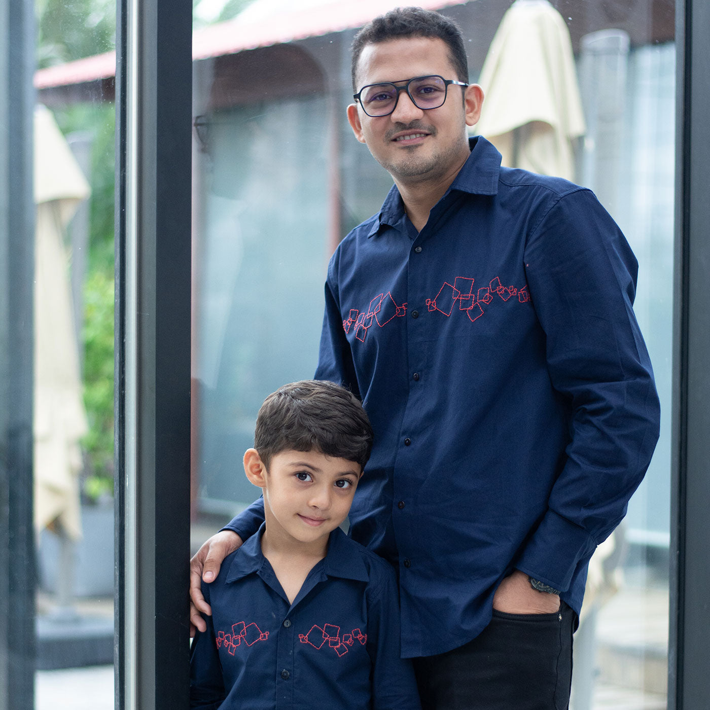 Abstract Squares Embroidered Men Shirt - Navy