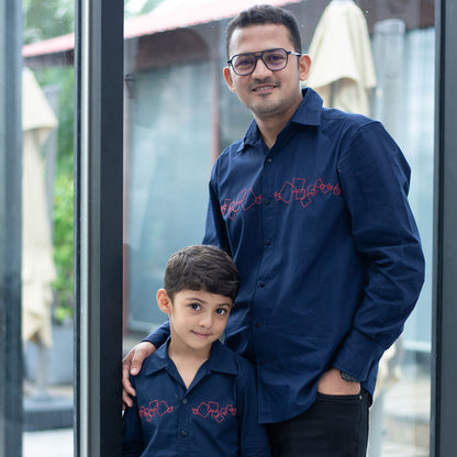 Abstract Squares Embroidered Men Shirt - Navy