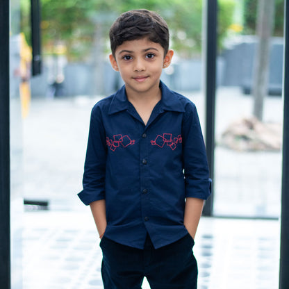 Abstract Squares Embroidered Shirt - Navy