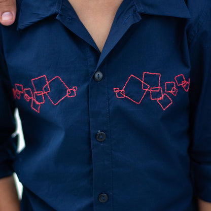 Abstract Squares Embroidered Shirt - Navy