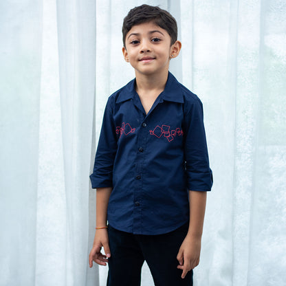 Abstract Squares Embroidered Shirt - Navy