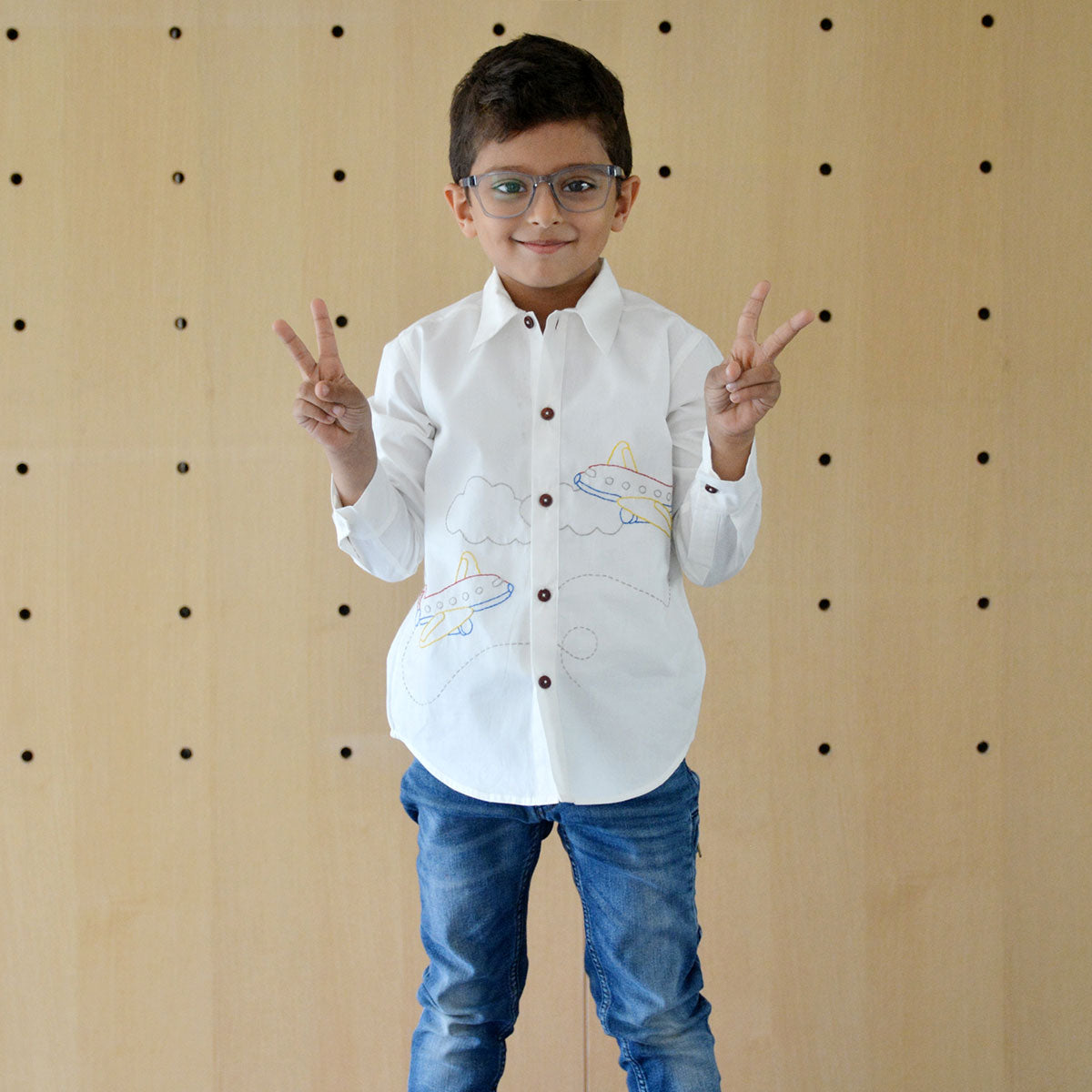 Aeroplane Embroidered Shirt - White