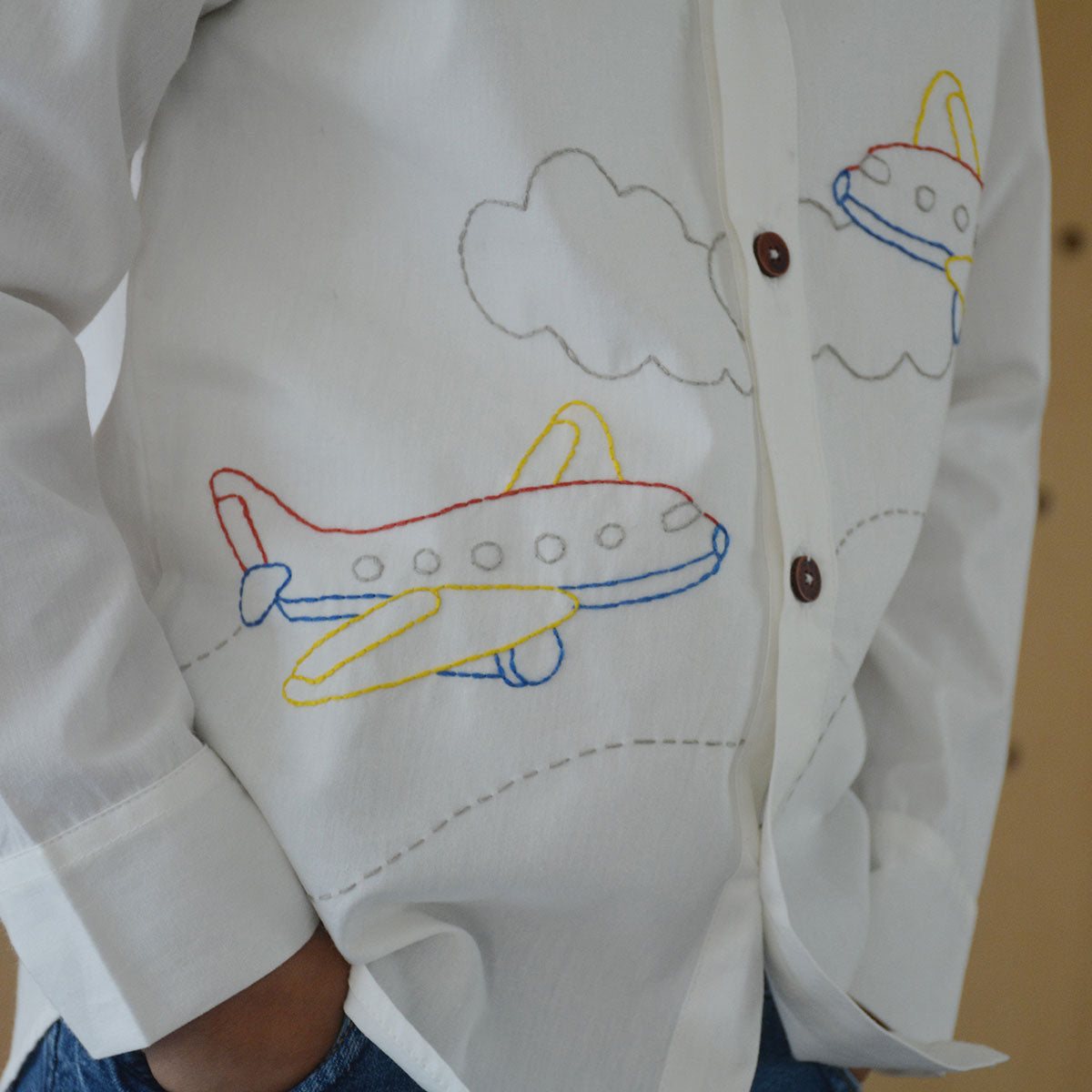 Aeroplane Embroidered Shirt - White