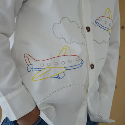 Aeroplane Embroidered Shirt - White