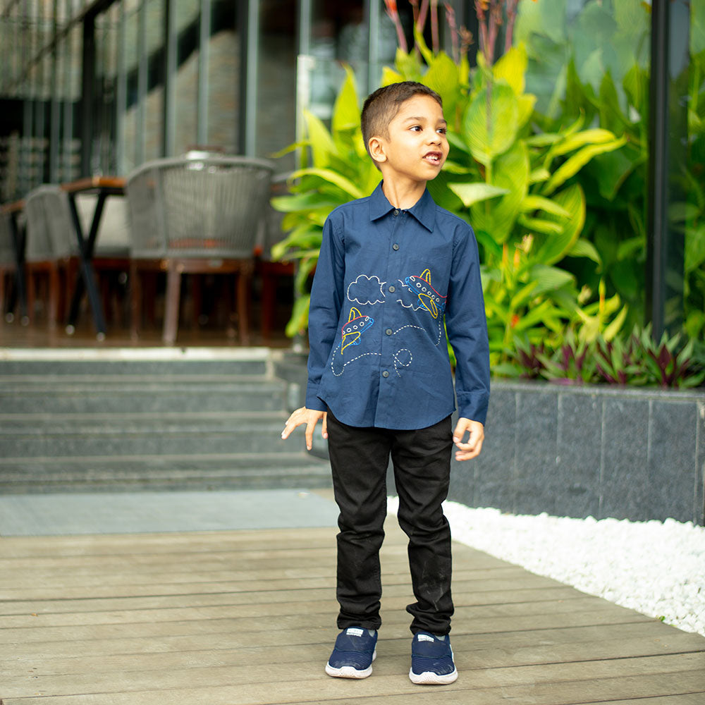 Aeroplane Embroidered Organic Cotton Shirt - Navy