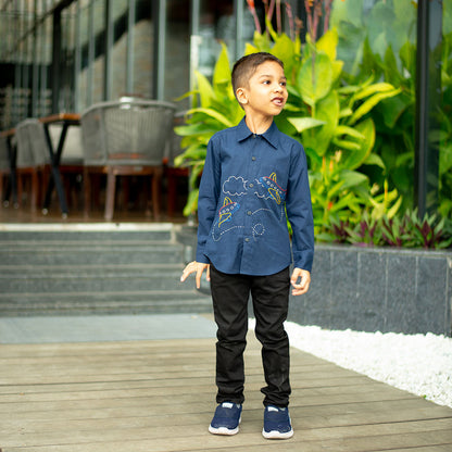 Aeroplane Embroidered Organic Cotton Shirt - Navy