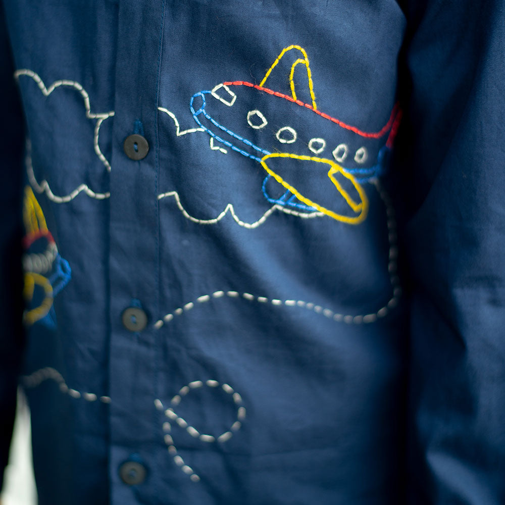 Aeroplane Embroidered Organic Cotton Shirt - Navy
