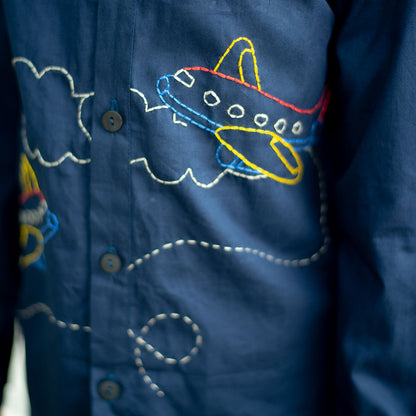 Aeroplane Embroidered Organic Cotton Shirt - Navy