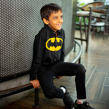 Bat Superhero Chest Icon Embroidered Organic Cotton Shirt - Black