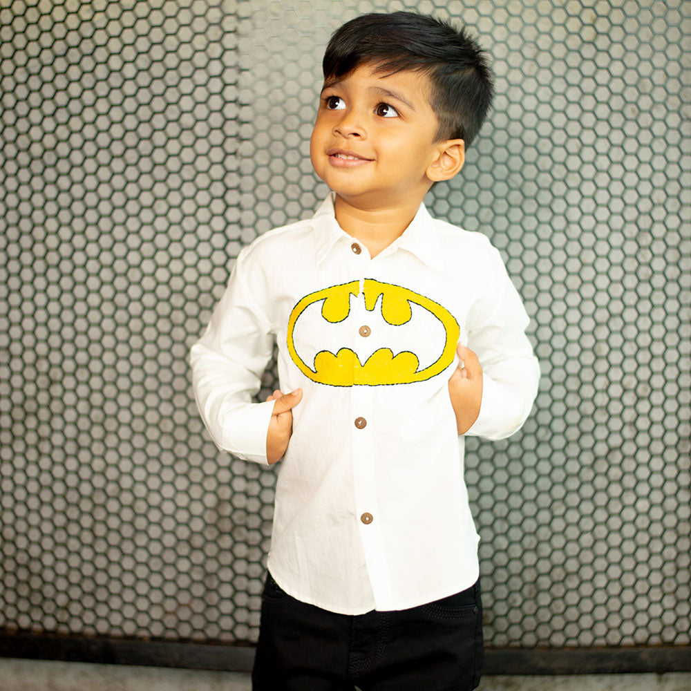 Bat Superhero Chest Icon Embroidered Organic Cotton Shirt - White
