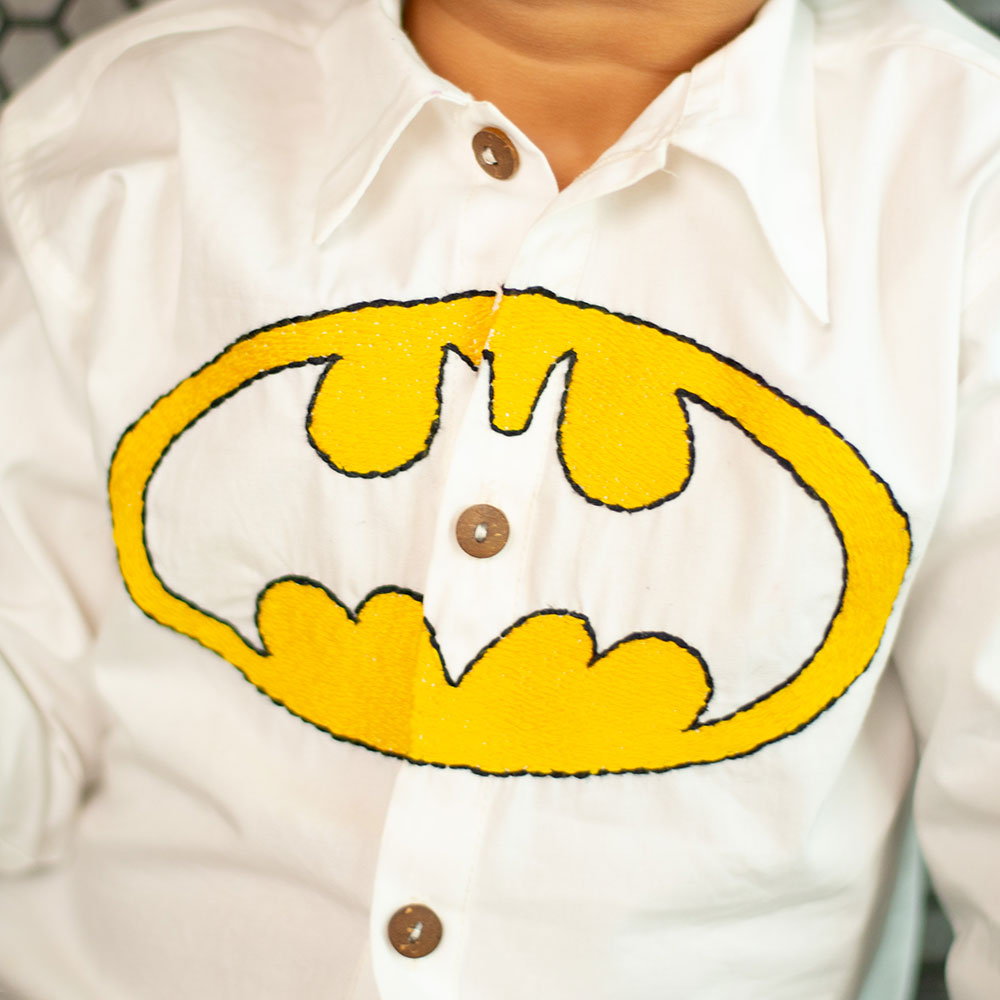 Bat Superhero Chest Icon Embroidered Organic Cotton Shirt - White