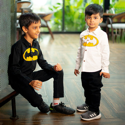 Bat Superhero Chest Icon Embroidered Organic Cotton Shirt - White