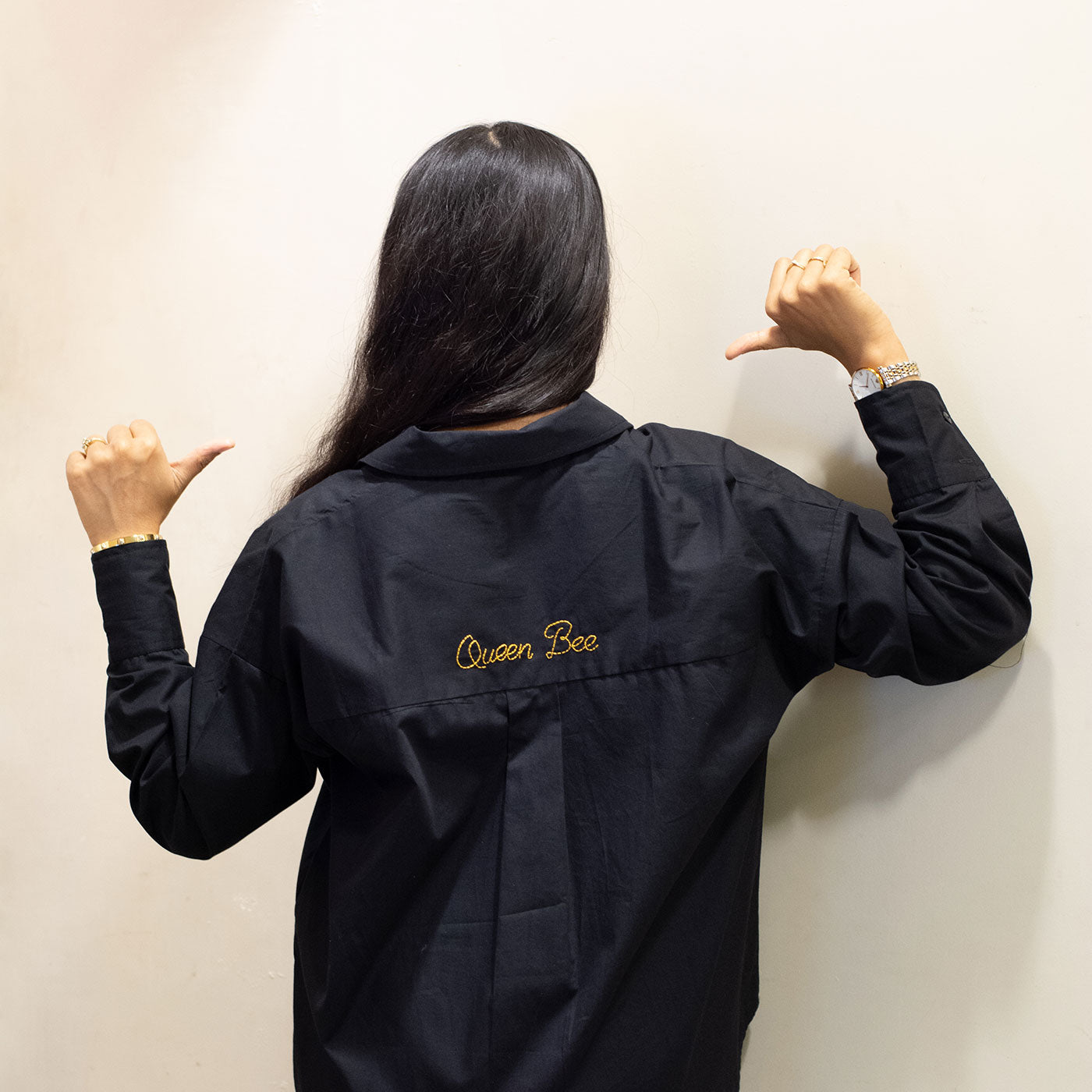 Bling Queen Bee Embellished Women Shirt - Black