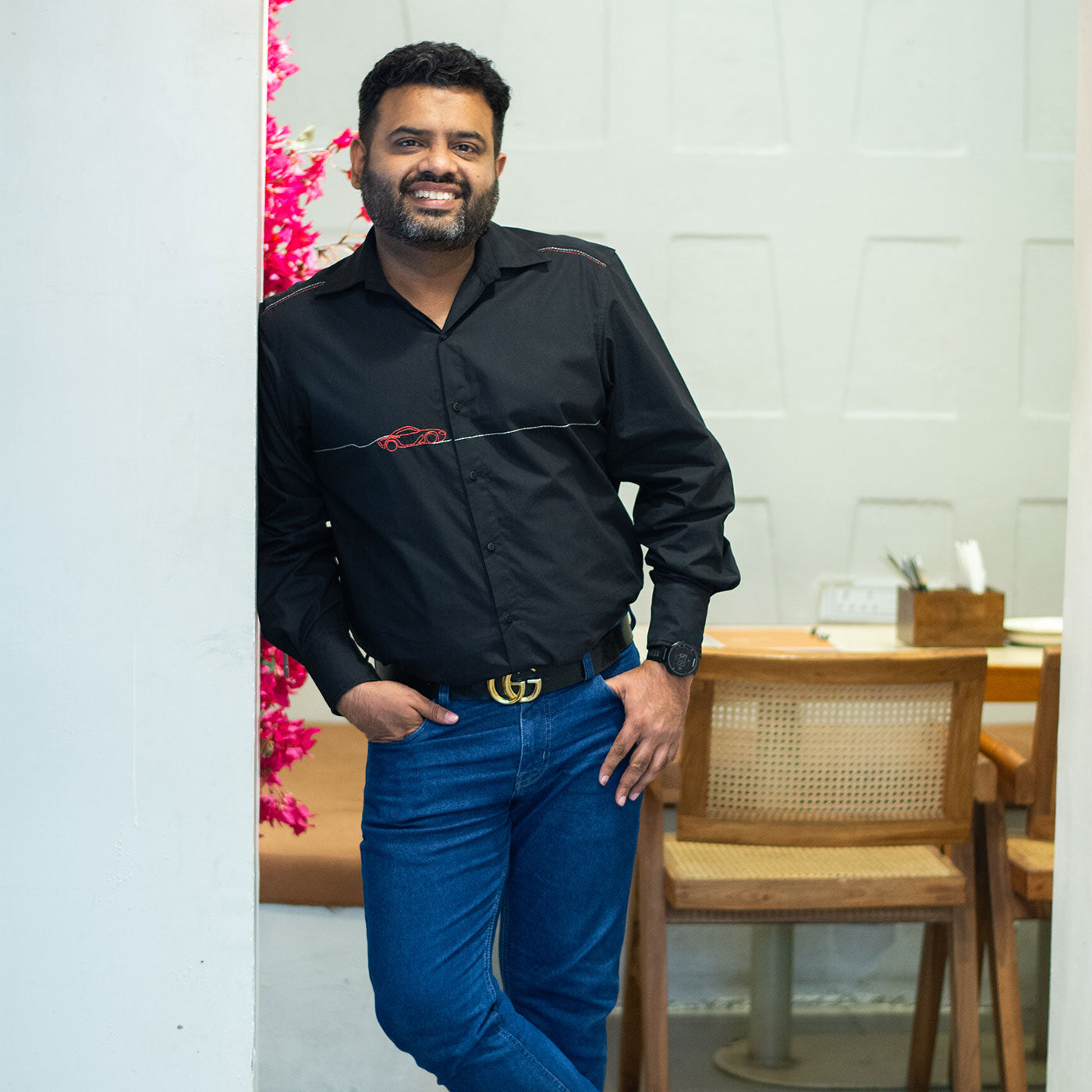 Car Zoom Across Embroidered Men Shirt - Black
