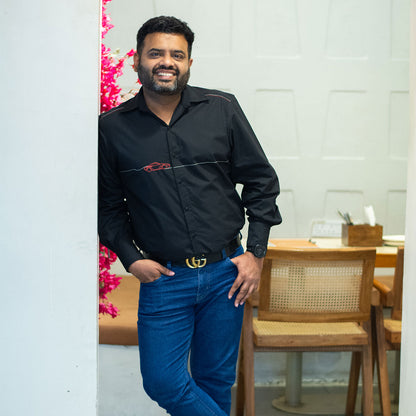 Car Zoom Across Embroidered Men Shirt - Black