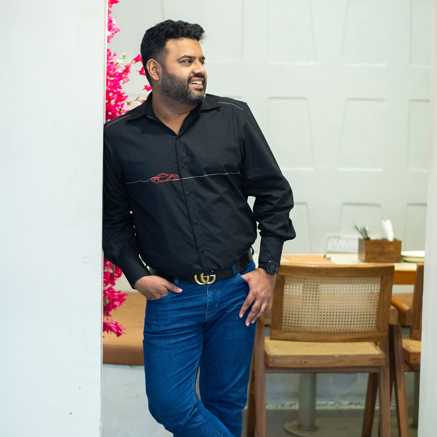 Car Zoom Across Embroidered Men Shirt - Black
