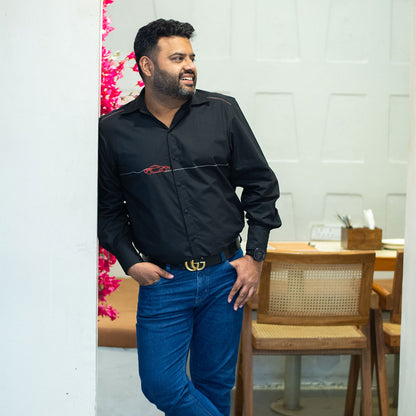 Car Zoom Across Embroidered Men Shirt - Black