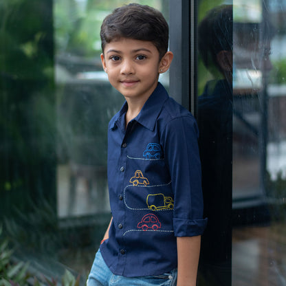 Cars on Road Embroidered Shirt - Navy
