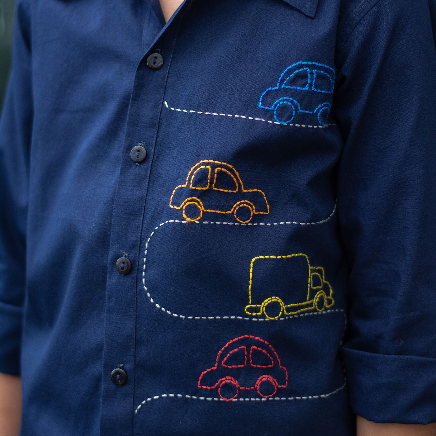 Cars on Road Embroidered Shirt - Navy