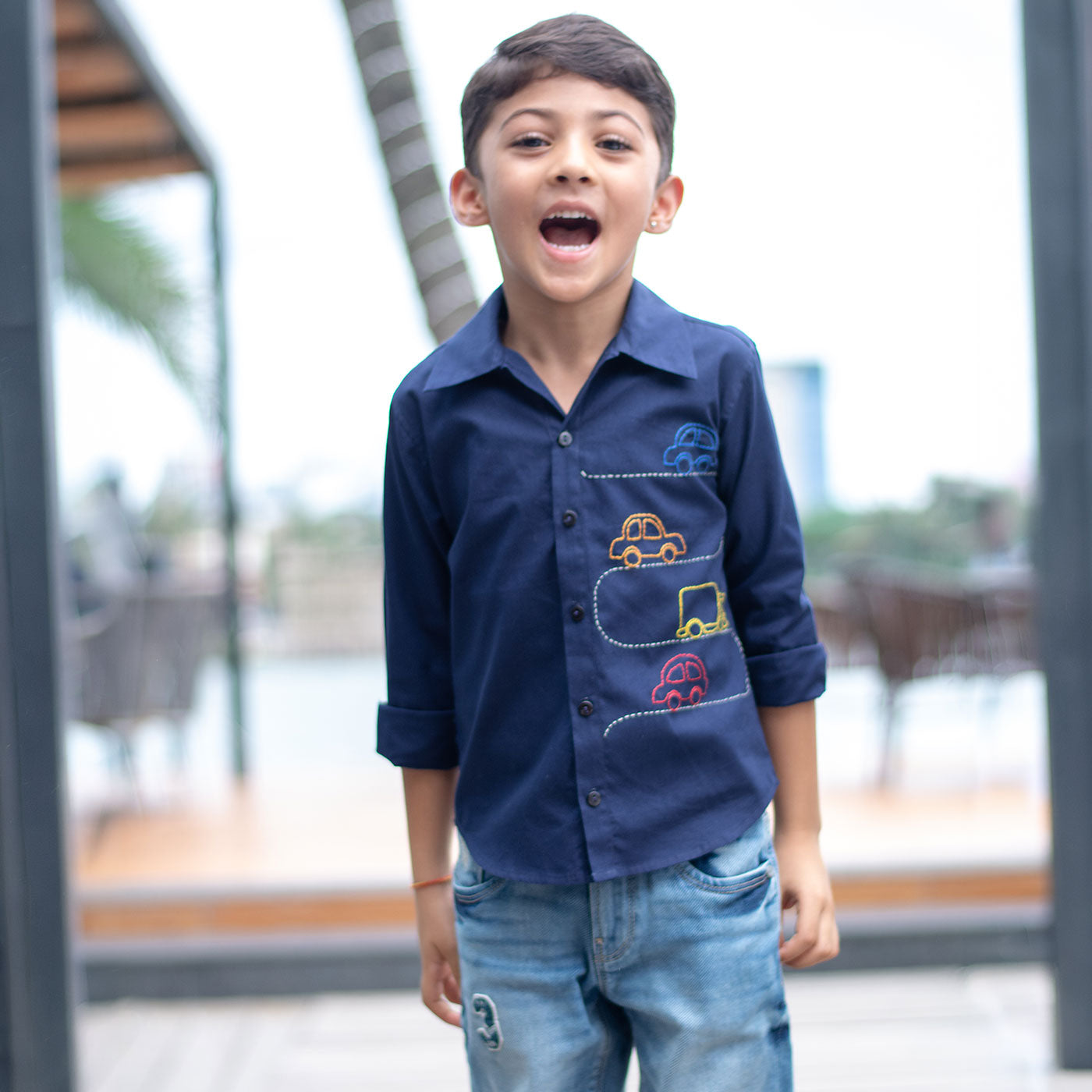 Cars on Road Embroidered Shirt - Navy