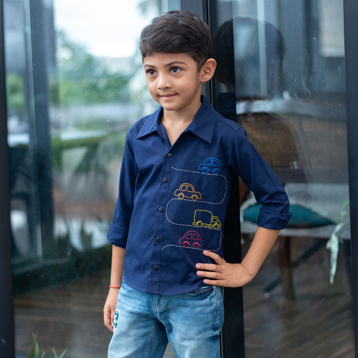 Cars on Road Embroidered Shirt - Navy