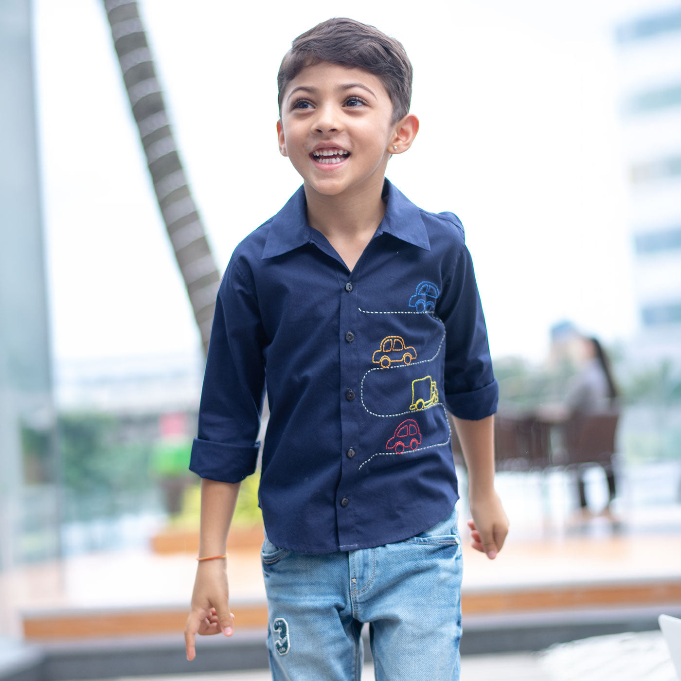 Cars on Road Embroidered Shirt - Navy