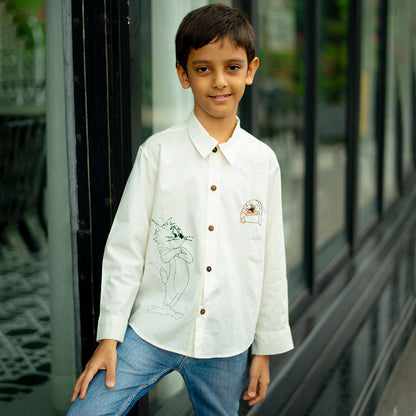 Cat and Mouse Cartoon Embroidered Organic Cotton Shirt - White