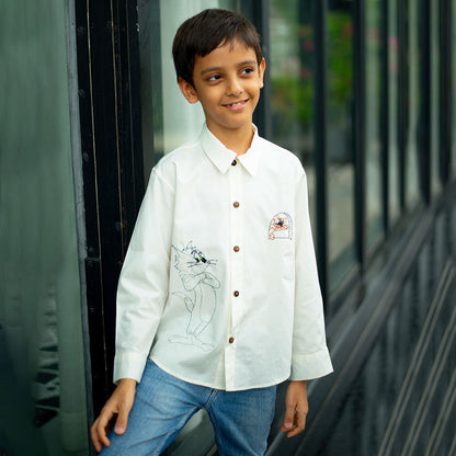 Cat and Mouse Cartoon Embroidered Organic Cotton Shirt - White