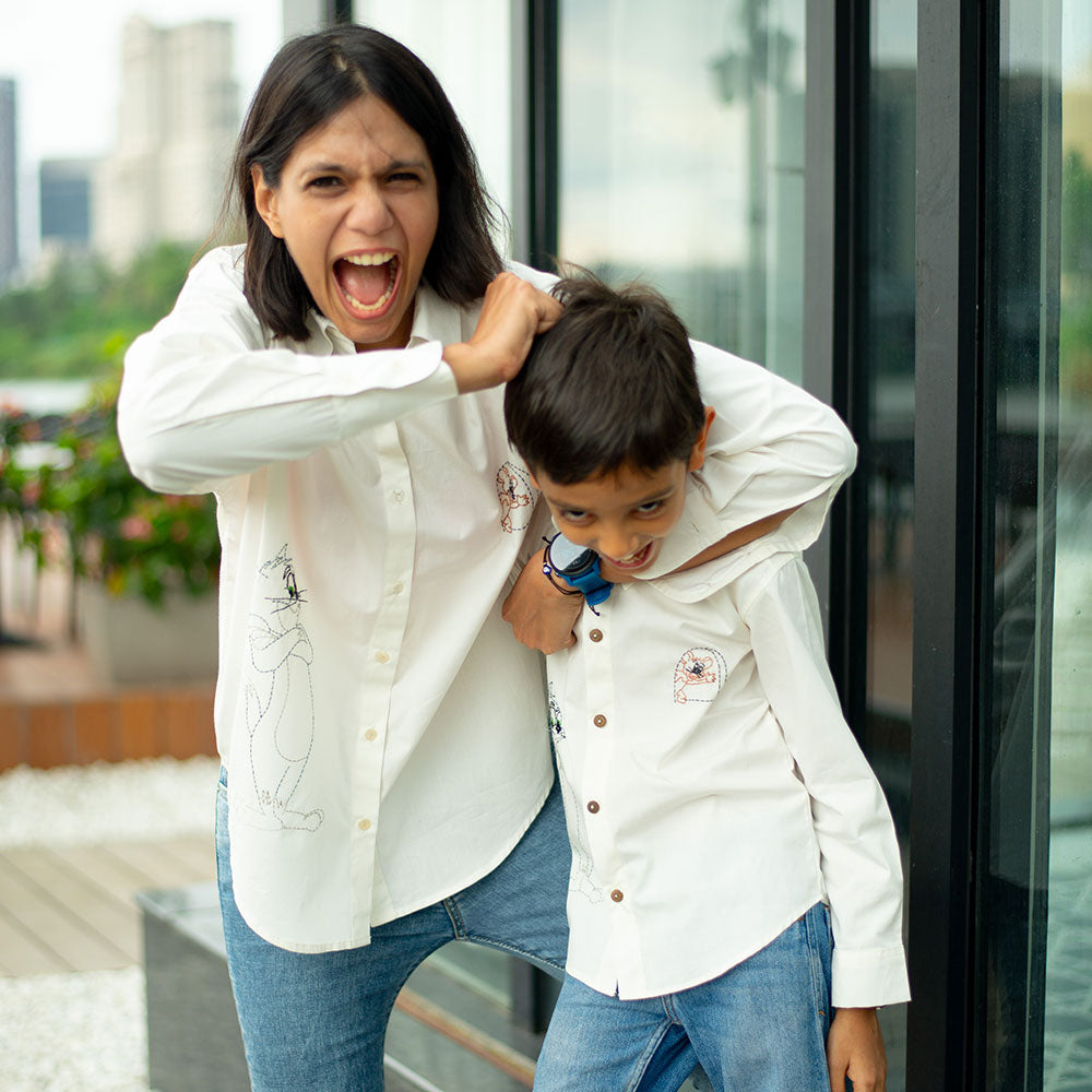 Cat and Mouse Cartoon Embroidered Organic Cotton Shirt - White