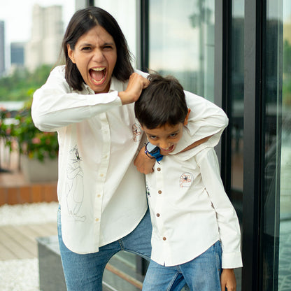 Cat and Mouse Cartoon Embroidered Organic Cotton Shirt - White