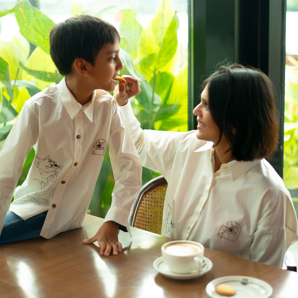 Cat and Mouse Cartoon Embroidered Organic Cotton Shirt - White