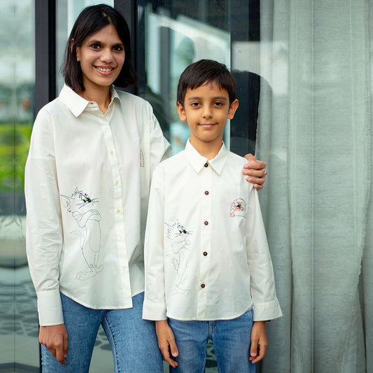 Cat and Mouse Cartoon Embroidered Women Shirt - White