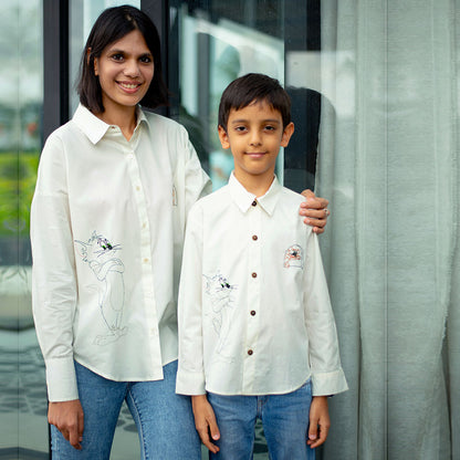 Cat and Mouse Cartoon Embroidered Women Shirt - White