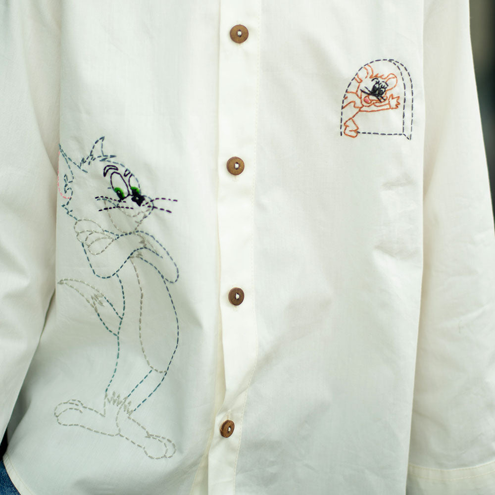 Cat and Mouse Cartoon Embroidered Women Shirt - White