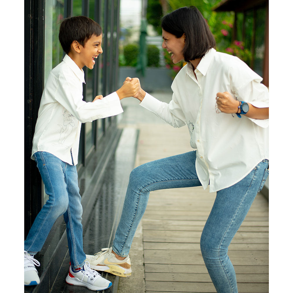 Cat and Mouse Cartoon Embroidered Women Shirt - White