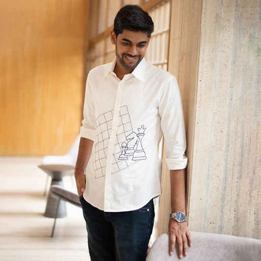 Chess Embroidered Organic Cotton Men Shirt - White