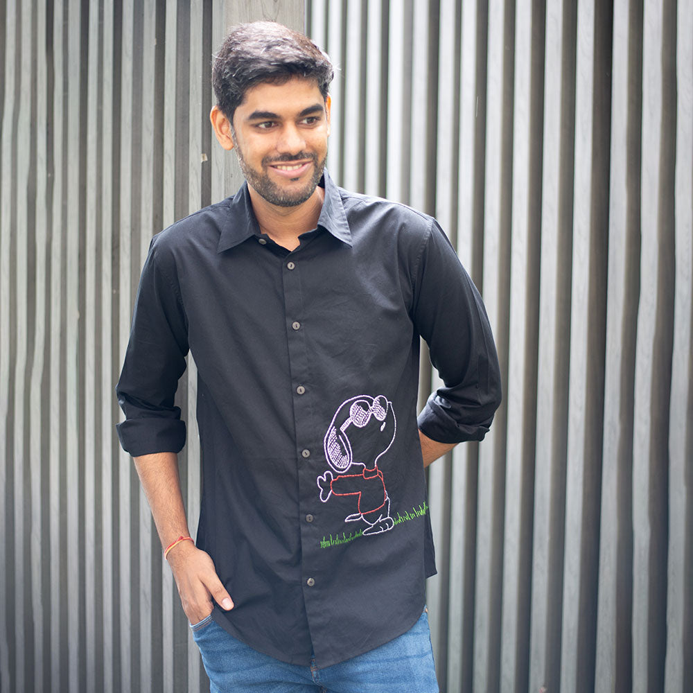 Chill Dog Embroidered Organic Cotton Men Shirt - Black