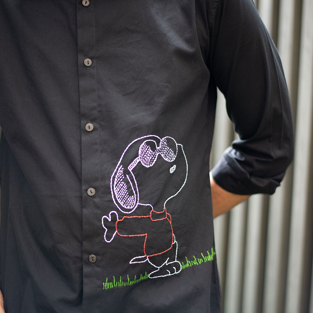 Chill Dog Embroidered Organic Cotton Men Shirt - Black