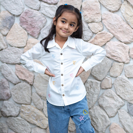 Colourful All Over Hearts Embroidered Shirt - White