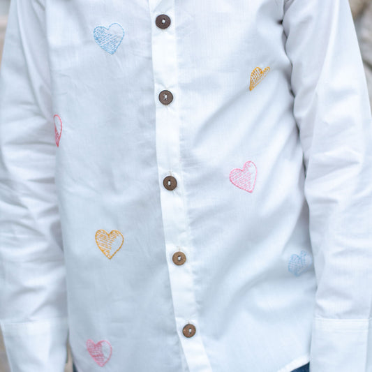 Colourful All Over Hearts Embroidered Shirt - White