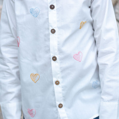 Colourful All Over Hearts Embroidered Shirt - White